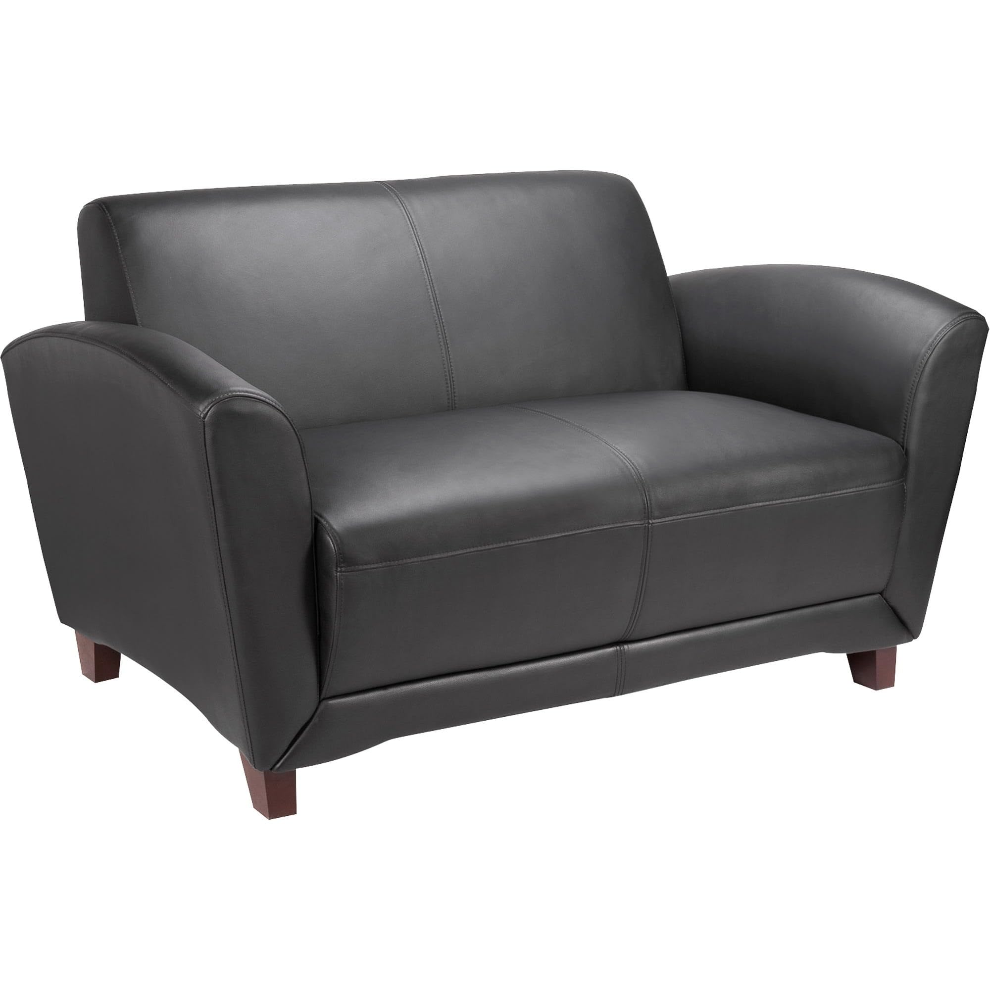 Lorell Accession Reception Loveseat, 55" X 22" X 31.25", Black Bonded Leather With Mahogany Legs